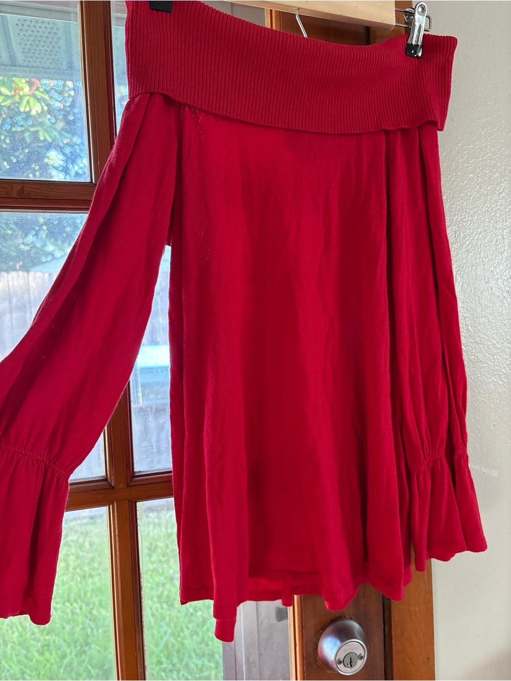 CeCe Luminous Red Off The Shoulder Ruffle Coquette Feminine Fall Preppy Sweater